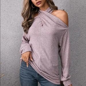 ELEGANT CROSS HALTER COLD SHOULDER TOP
